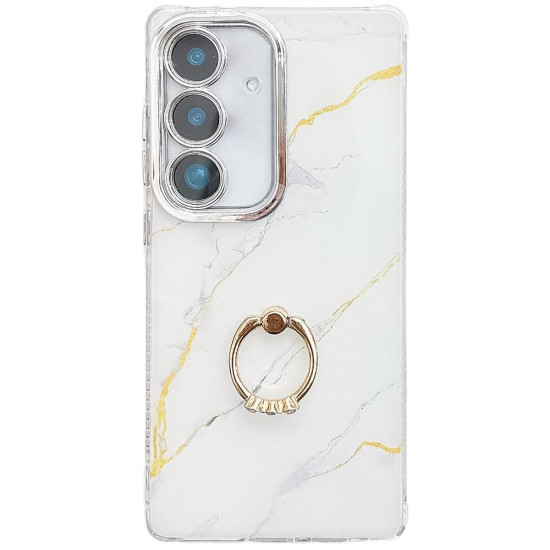 For Samsung Galaxy S24+ 5G Electroplated Marble Texture Ring Holder Phone Case(Gold White S1)