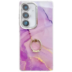 For Samsung Galaxy S24+ 5G Electroplated Marble Texture Ring Holder Phone Case(Gold Purple Red S15)