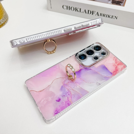 For Samsung Galaxy S24+ 5G Electroplated Marble Texture Ring Holder Phone Case(Purple Blue S18)