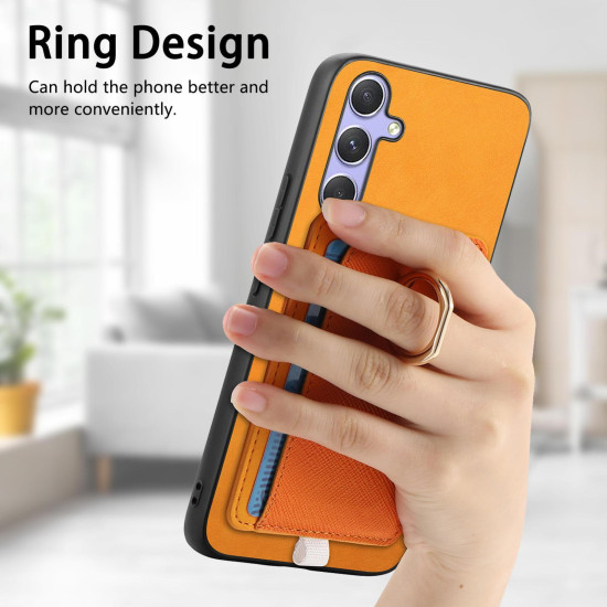 For Samsung Galaxy S24+ 5G Retro Cross Leather Ring Side Insert Card Bag MagSafe Phone Case(Yellow)