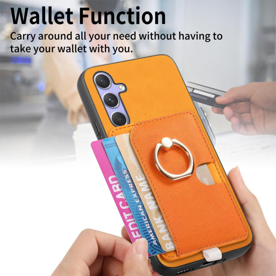 For Samsung Galaxy S24+ 5G Retro Cross Leather Ring Side Insert Card Bag MagSafe Phone Case(Yellow)