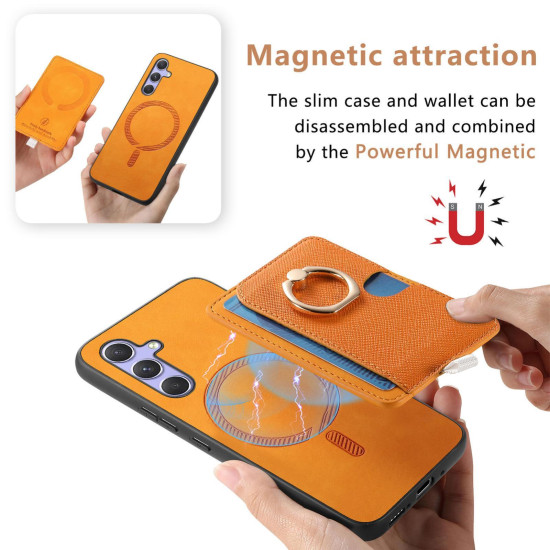 For Samsung Galaxy S24+ 5G Retro Cross Leather Ring Side Insert Card Bag MagSafe Phone Case(Yellow)
