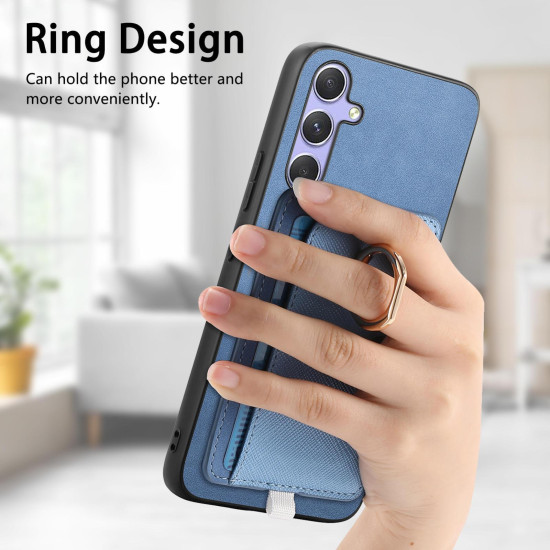 For Samsung Galaxy S24+ 5G Retro Cross Leather Ring Side Insert Card Bag MagSafe Phone Case(Blue)