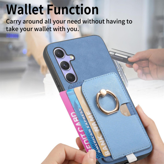 For Samsung Galaxy S24+ 5G Retro Cross Leather Ring Side Insert Card Bag MagSafe Phone Case(Blue)