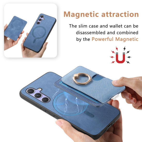 For Samsung Galaxy S24+ 5G Retro Cross Leather Ring Side Insert Card Bag MagSafe Phone Case(Blue)