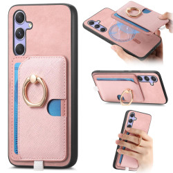 For Samsung Galaxy S24+ 5G Retro Cross Leather Ring Side Insert Card Bag MagSafe Phone Case(Pink)