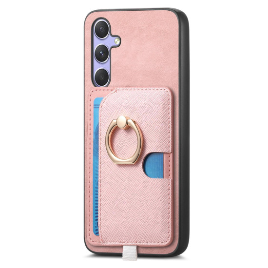 For Samsung Galaxy S24+ 5G Retro Cross Leather Ring Side Insert Card Bag MagSafe Phone Case(Pink)