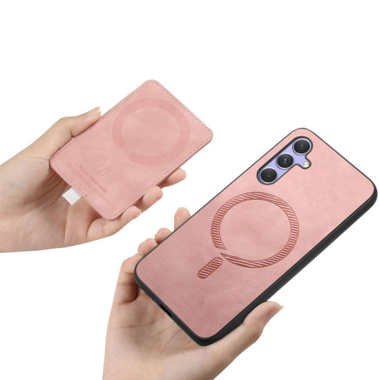 For Samsung Galaxy S24+ 5G Retro Cross Leather Ring Side Insert Card Bag MagSafe Phone Case(Pink)