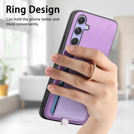 For Samsung Galaxy S24+ 5G Retro Cross Leather Ring Side Insert Card Bag MagSafe Phone Case(Purple)