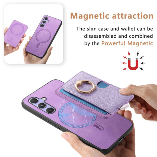 For Samsung Galaxy S24+ 5G Retro Cross Leather Ring Side Insert Card Bag MagSafe Phone Case(Purple)