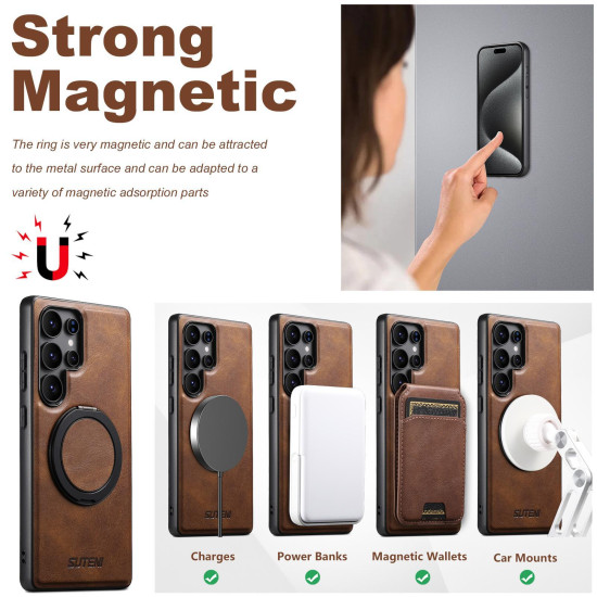 For Samsung Galaxy S24+ 5G Suteni G3 Oil Wax 360 Rotation Holder MagSafe Back Phone Case(Brown)