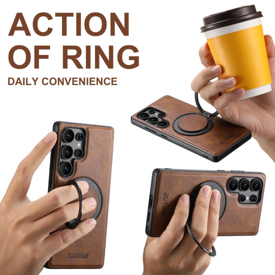 For Samsung Galaxy S24+ 5G Suteni G3 Oil Wax 360 Rotation Holder MagSafe Back Phone Case(Brown)