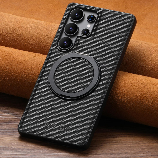 For Samsung Galaxy S23+ 5G Suteni G3 Carbon Fiber Leather 360 Rotation Holder MagSafe Phone Case(Black)