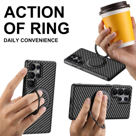 For Samsung Galaxy S23+ 5G Suteni G3 Carbon Fiber Leather 360 Rotation Holder MagSafe Phone Case(Black)