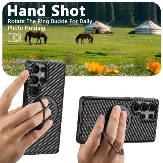For Samsung Galaxy S23+ 5G Suteni G3 Carbon Fiber Leather 360 Rotation Holder MagSafe Phone Case(Black)