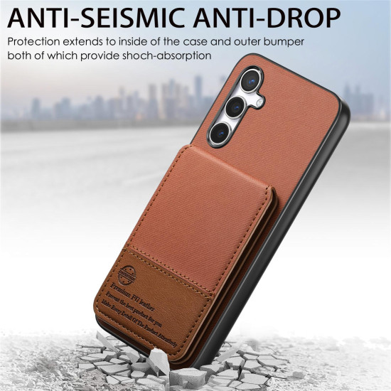 For Samsung Galaxy S24+ 5G Twill Fabric Leather Vertical Flip RFID Card Bag Phone Case(Brown)