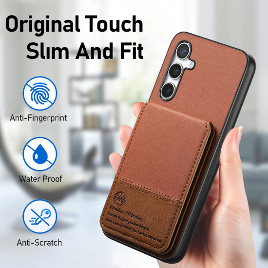 For Samsung Galaxy S24+ 5G Twill Fabric Leather Vertical Flip RFID Card Bag Phone Case(Brown)