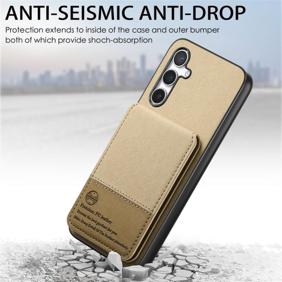 For Samsung Galaxy S24+ 5G Twill Fabric Leather Vertical Flip RFID Card Bag Phone Case(Khaki)