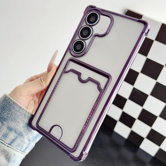 For Samsung Galaxy S24+ 5G Four-cornered Electroplated Card Bag TPU Phone Case(Purple)