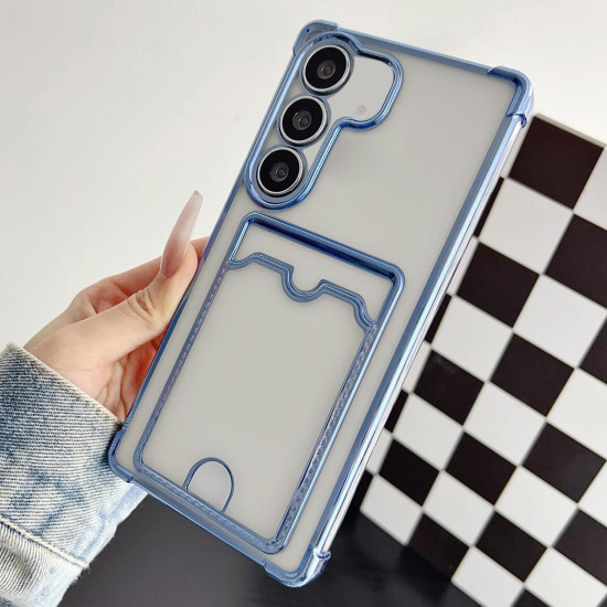 For Samsung Galaxy S24+ 5G Four-cornered Electroplated Card Bag TPU Phone Case(Bule)