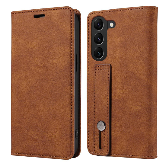 For Samsung Galaxy S23+ 5G Wristband Magnetic Leather Phone Case(Brown)