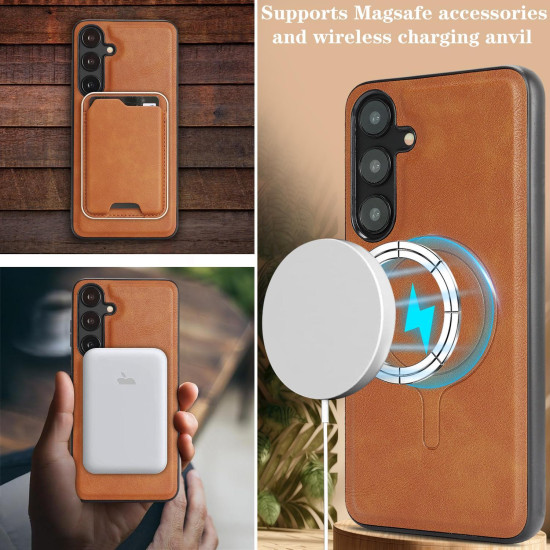 For Samsung Galaxy S24+ 5G Kalebol Slim MagSafe Ring Magnetic Card Bag Leather Phone Case(Brown)