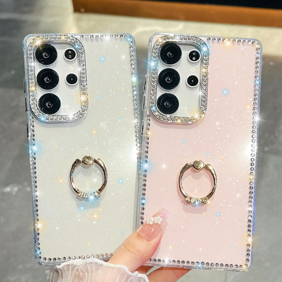 For Samsung Galaxy S24+ 5G Rhinestone Glitter TPU Ring Holder Anti-fall Phone Case(White)