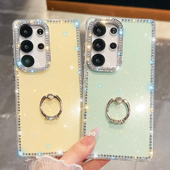 For Samsung Galaxy S24+ 5G Rhinestone Glitter TPU Ring Holder Anti-fall Phone Case(White)