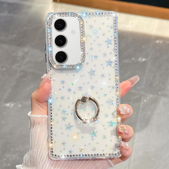 For Samsung Galaxy S24+ 5G Rhinestone Glitter TPU Ring Holder Anti-fall Phone Case(Transparent Stars)
