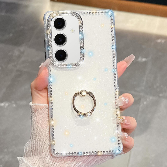 For Samsung Galaxy S24+ 5G Rhinestone Glitter TPU Ring Holder Anti-fall Phone Case(Transparent)
