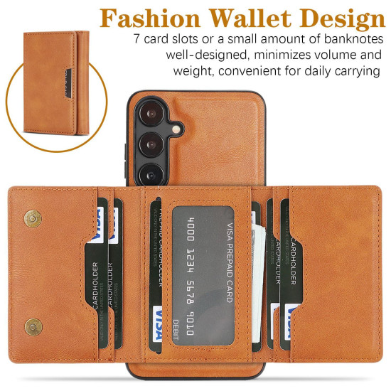 For Samsung Galaxy S24+ 5G Kalebol Strong Magnetic MagSafe Tri-Fold Wallet Leather Phone Case(Brown)