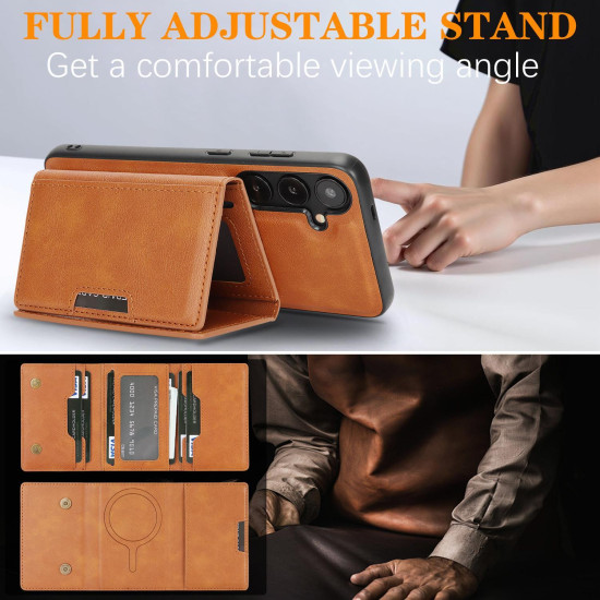 For Samsung Galaxy S24+ 5G Kalebol Strong Magnetic MagSafe Tri-Fold Wallet Leather Phone Case(Brown)