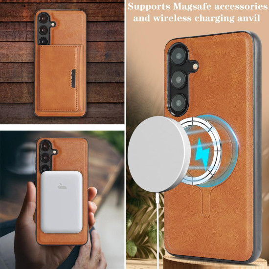 For Samsung Galaxy S24+ 5G Kalebol Strong Magnetic MagSafe Tri-Fold Wallet Leather Phone Case(Brown)