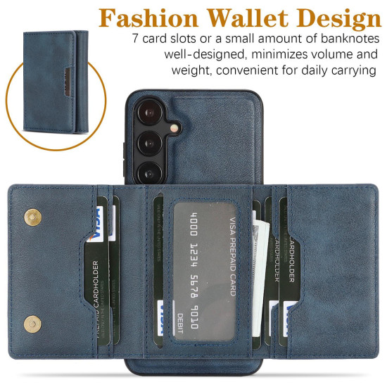 For Samsung Galaxy S24+ 5G Kalebol Strong Magnetic MagSafe Tri-Fold Wallet Leather Phone Case(Blue)