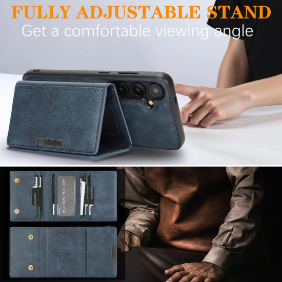 For Samsung Galaxy S24+ 5G Kalebol Strong Magnetic MagSafe Tri-Fold Wallet Leather Phone Case(Blue)