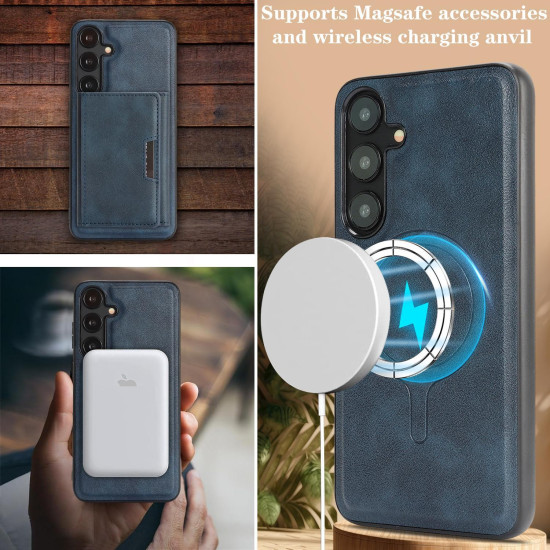 For Samsung Galaxy S24+ 5G Kalebol Strong Magnetic MagSafe Tri-Fold Wallet Leather Phone Case(Blue)