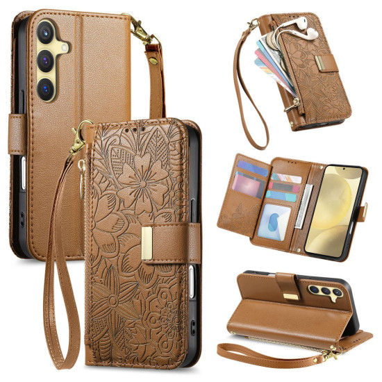 For Samsung Galaxy S24+ 5G Flowers Leaves Zipper Wallet Leather Phone Case with Strap(Brown)