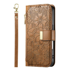 For Samsung Galaxy S24+ 5G Flowers Leaves Zipper Wallet Leather Phone Case with Strap(Brown)