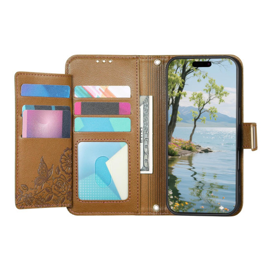 For Samsung Galaxy S24+ 5G Flowers Leaves Zipper Wallet Leather Phone Case with Strap(Brown)