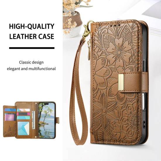 For Samsung Galaxy S24+ 5G Flowers Leaves Zipper Wallet Leather Phone Case with Strap(Brown)