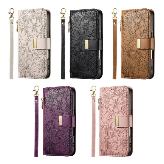 For Samsung Galaxy S24+ 5G Flowers Leaves Zipper Wallet Leather Phone Case with Strap(Brown)