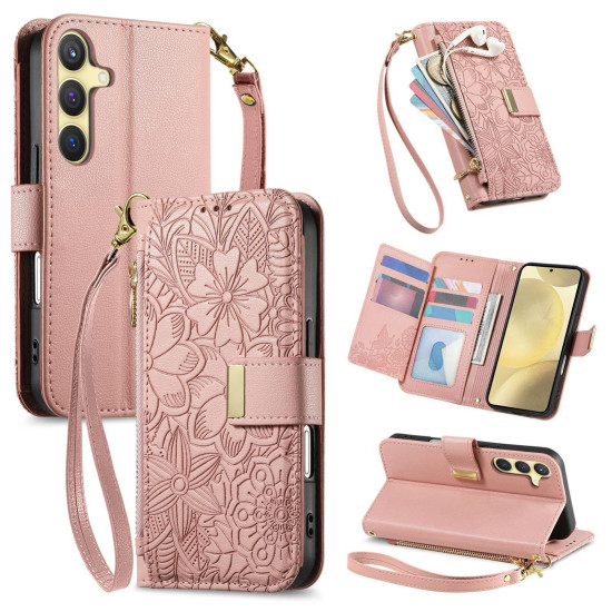 For Samsung Galaxy S24+ 5G Flowers Leaves Zipper Wallet Leather Phone Case with Strap(Pink)