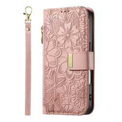For Samsung Galaxy S24+ 5G Flowers Leaves Zipper Wallet Leather Phone Case with Strap(Pink)