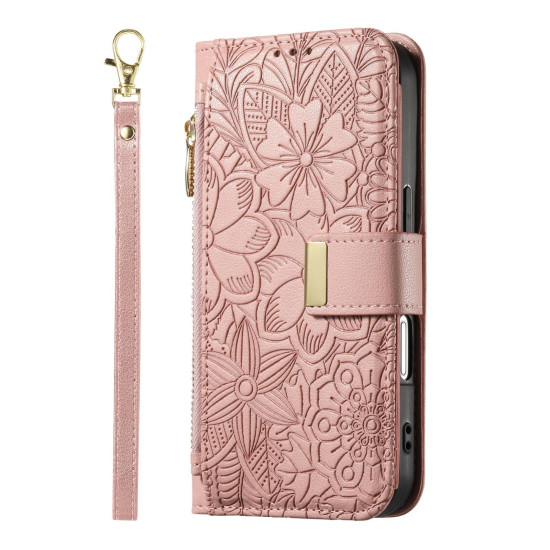 For Samsung Galaxy S24+ 5G Flowers Leaves Zipper Wallet Leather Phone Case with Strap(Pink)