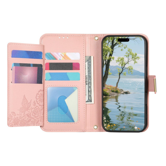 For Samsung Galaxy S24+ 5G Flowers Leaves Zipper Wallet Leather Phone Case with Strap(Pink)