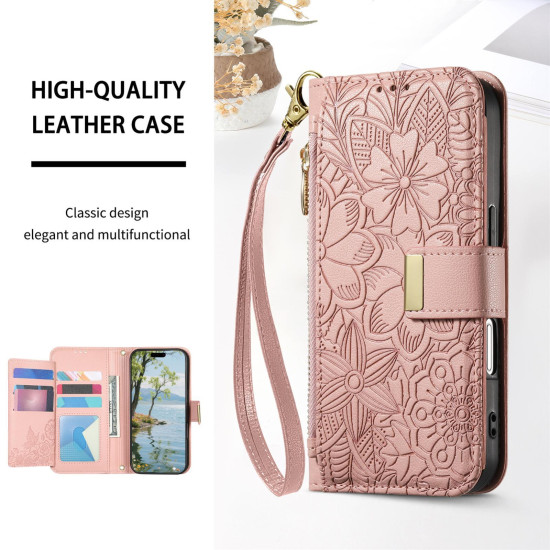 For Samsung Galaxy S24+ 5G Flowers Leaves Zipper Wallet Leather Phone Case with Strap(Pink)