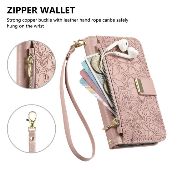 For Samsung Galaxy S24+ 5G Flowers Leaves Zipper Wallet Leather Phone Case with Strap(Pink)