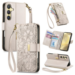 For Samsung Galaxy S24+ 5G Flowers Leaves Zipper Wallet Leather Phone Case with Strap(Khaki)