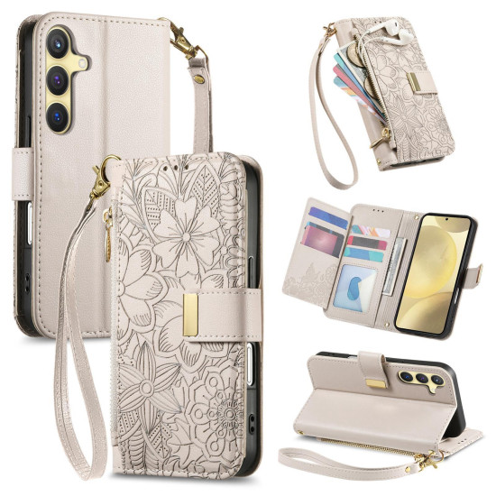 For Samsung Galaxy S24+ 5G Flowers Leaves Zipper Wallet Leather Phone Case with Strap(Khaki)
