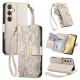 For Samsung Galaxy S24+ 5G Flowers Leaves Zipper Wallet Leather Phone Case with Strap(Khaki)